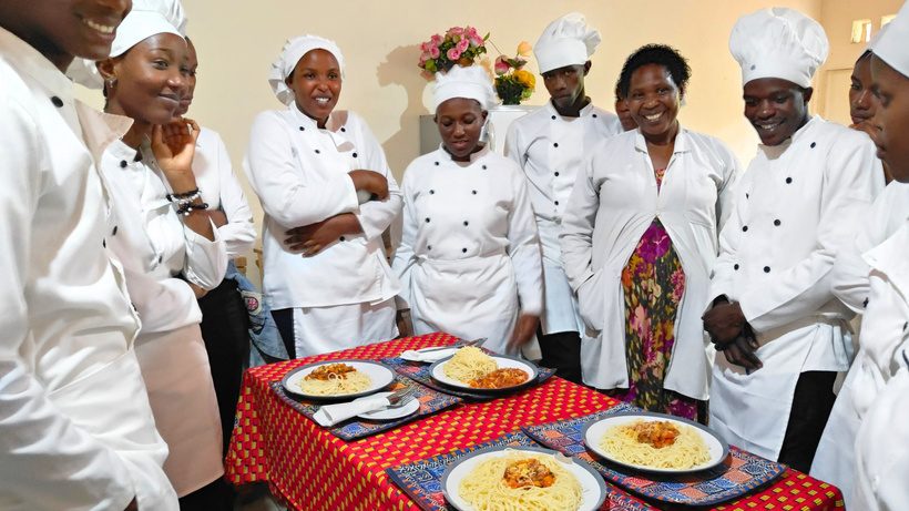 Culinary arts students during a practical lesson at Mwana Nshuti VTC